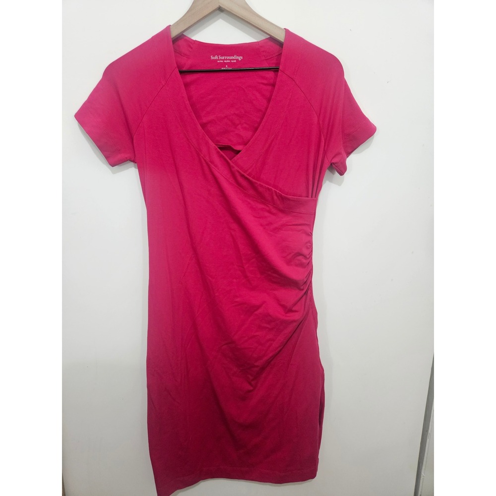 Soft Surroundings Pink Faux Wrap Ruched Stretch Midi Dress Small Barbie
